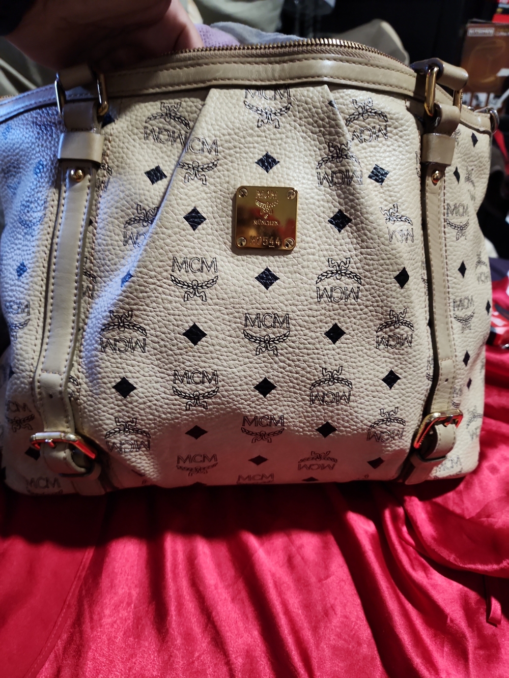 MCM Visetos Cream Logo Satchel Bag